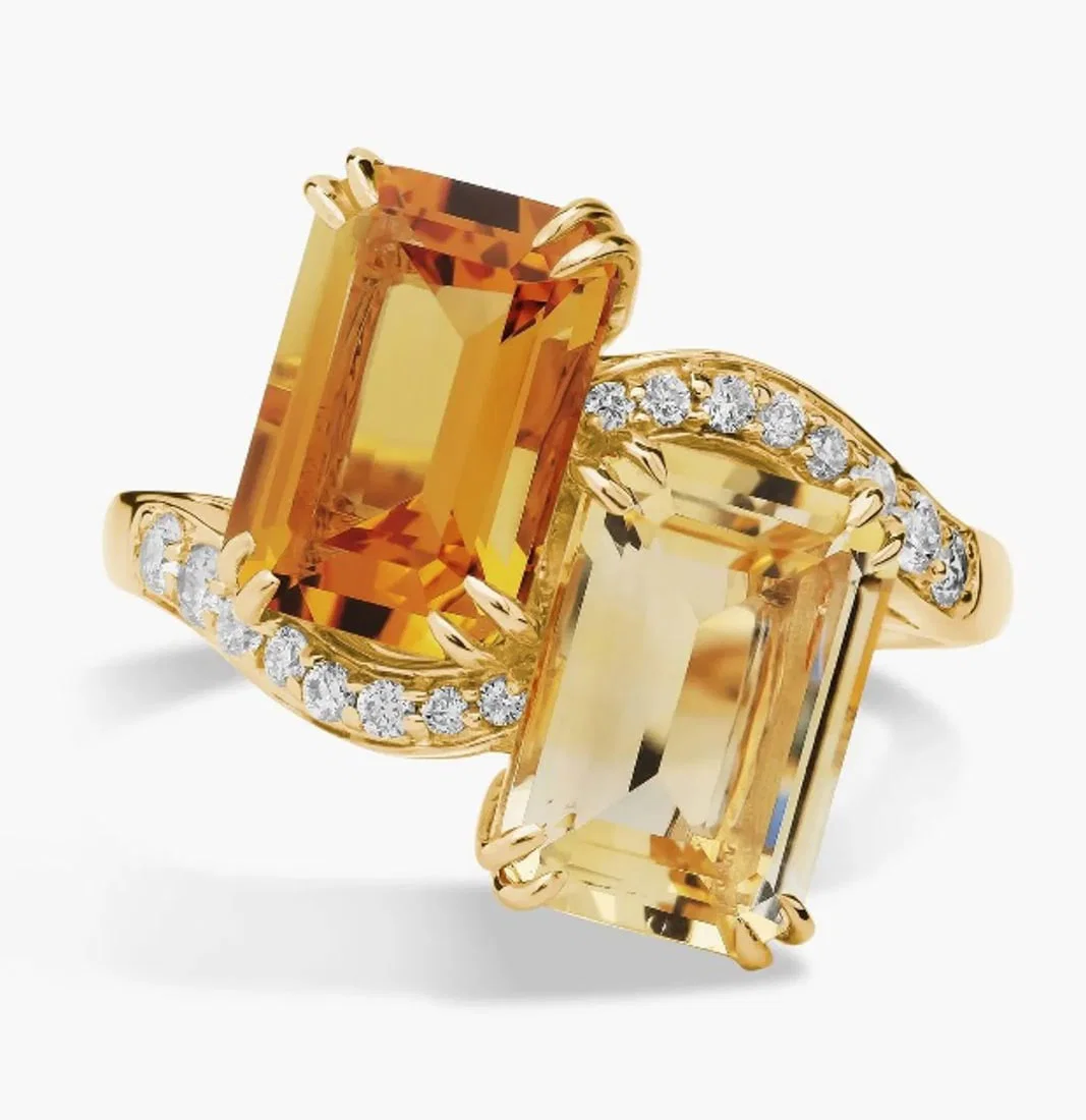 EMERALD CUT CITRINE AND DIAMOND TWO-STONE TOI ET MOI RING IN 14K YELLOW GOLD