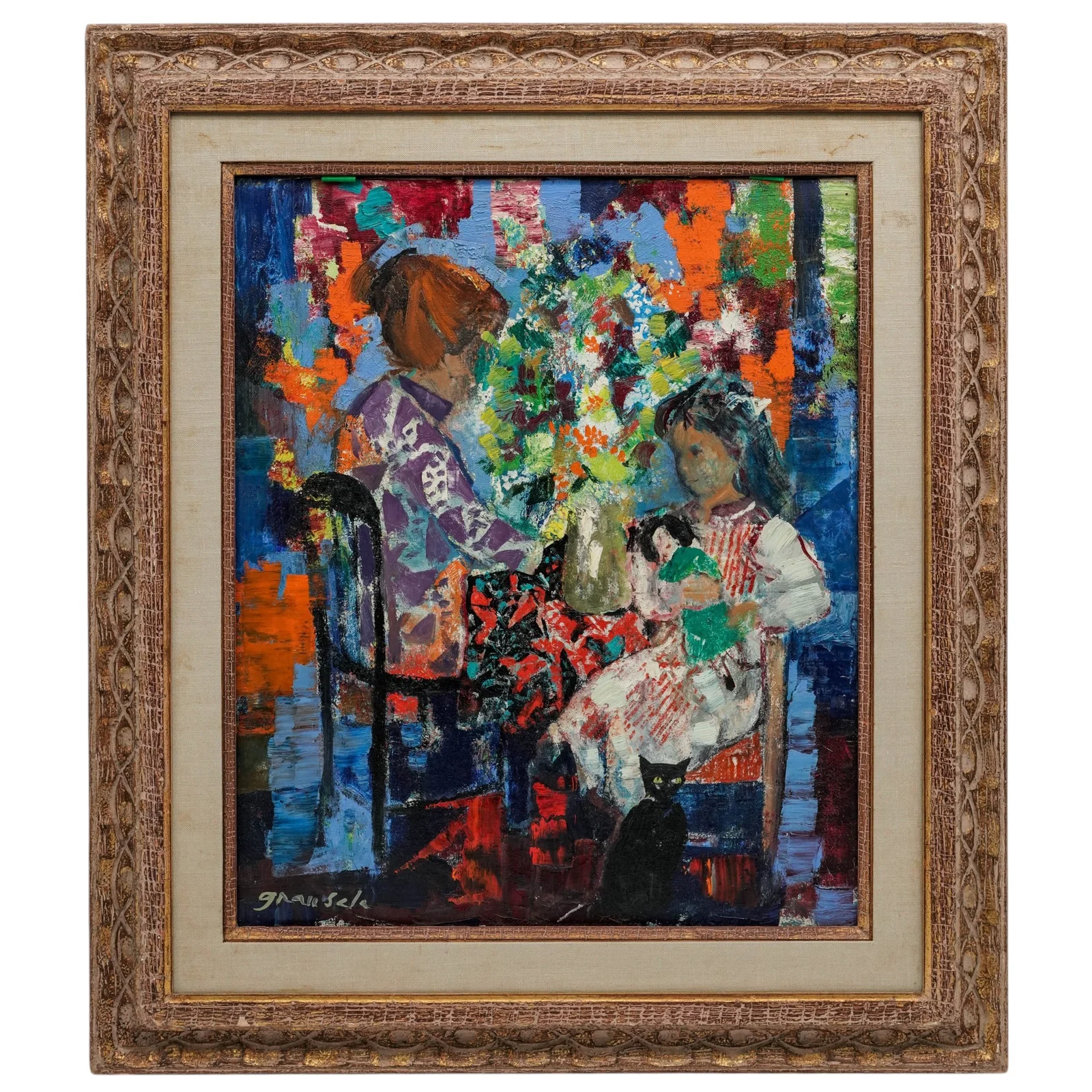 Emilio Grau Sala (Spanish, 1911-1975) "Interior w/ Mother & Child" Painting