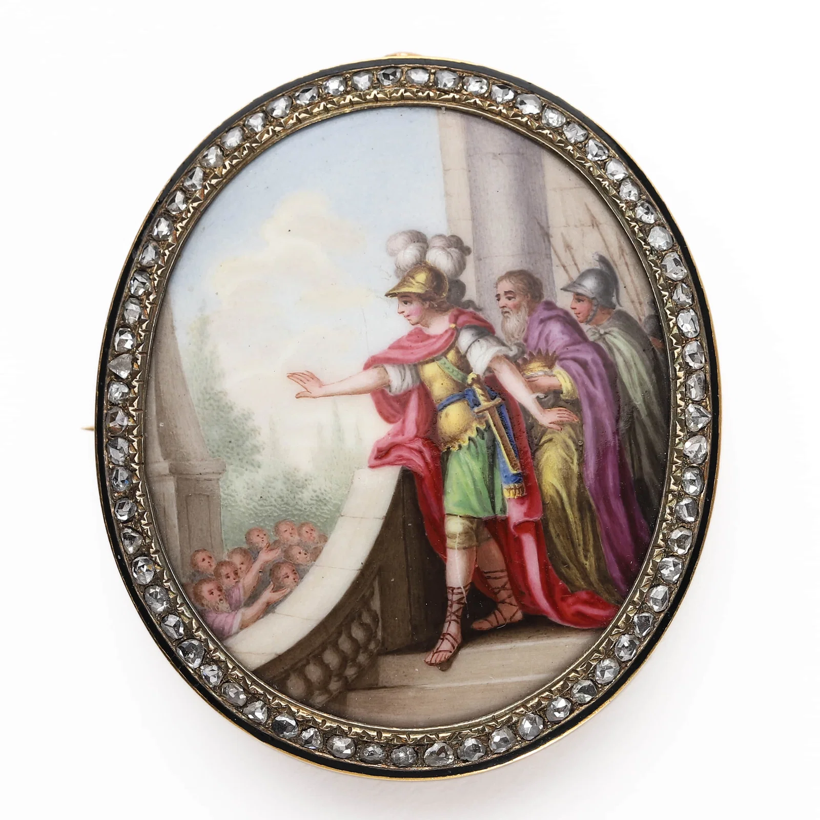 ENAMELED GOLD BROOCH WITH DIAMOND FRAME