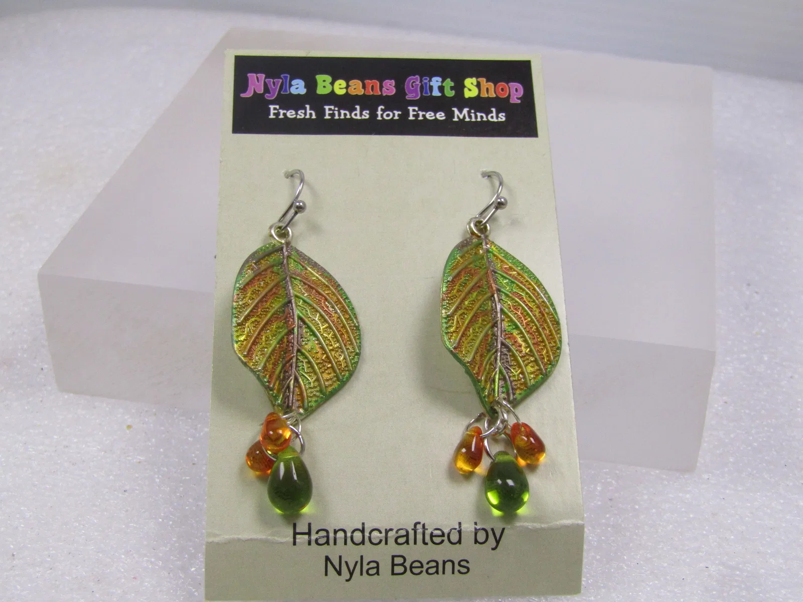 Enameled Leaf With Glass Dangle Earrings, Pierced, Nyla Beans on Card, Modern