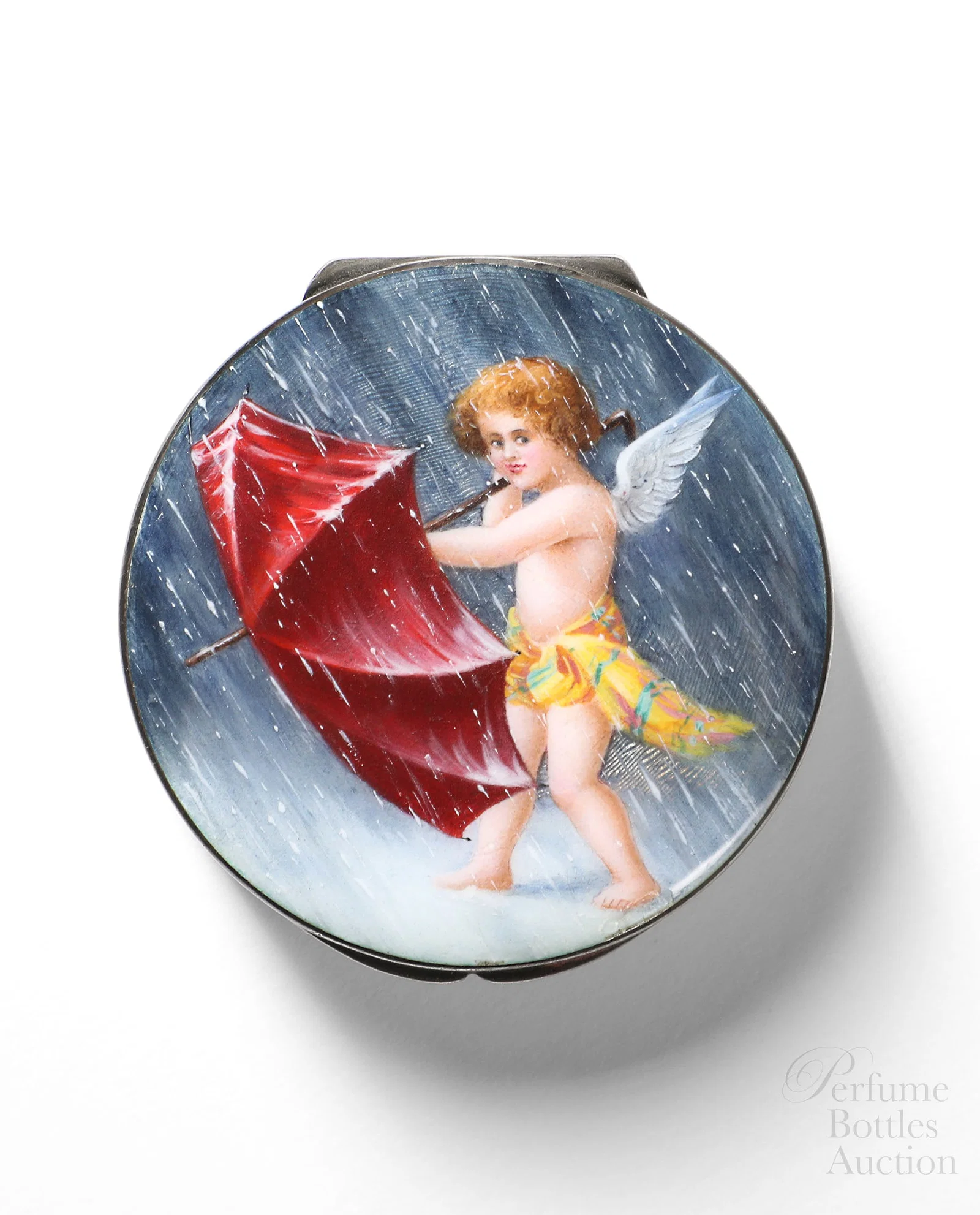 Enameled silver box depicts a smiling Cupid struggling with umbrella in a storm