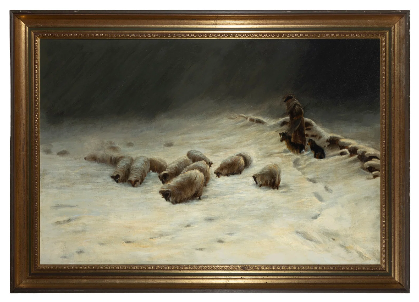 ENGLISH SCHOOL, 19TH CENTURY Herding Sheep in the Snow Oil on canvas, 50 x 76cm