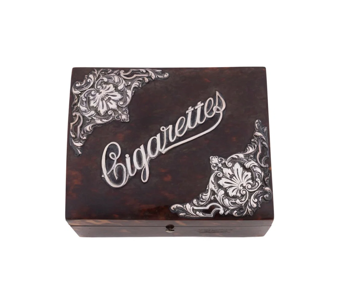 ENGLISH SILVER MOUNTED SHELL 'CIGARETTES' BOX