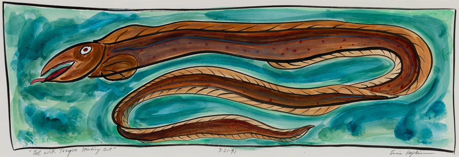 Eric Hopkins (Am. b. 1951), "Eel with Tongue Sticking Out" 1991, Watercolor on paper, framed under