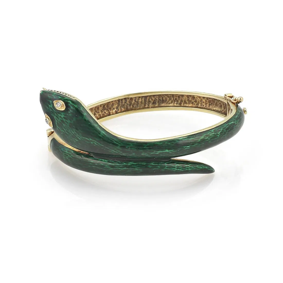 Estate 14k Yellow Gold Diamond Green Enamel Snake Bracelet