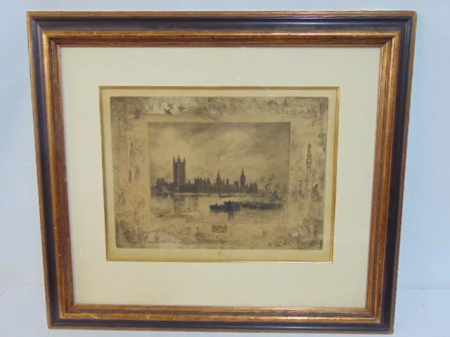 Etching, Westminster Palace, London, with decorative border, by Felix-Hilaire Buhot, 12.75" by