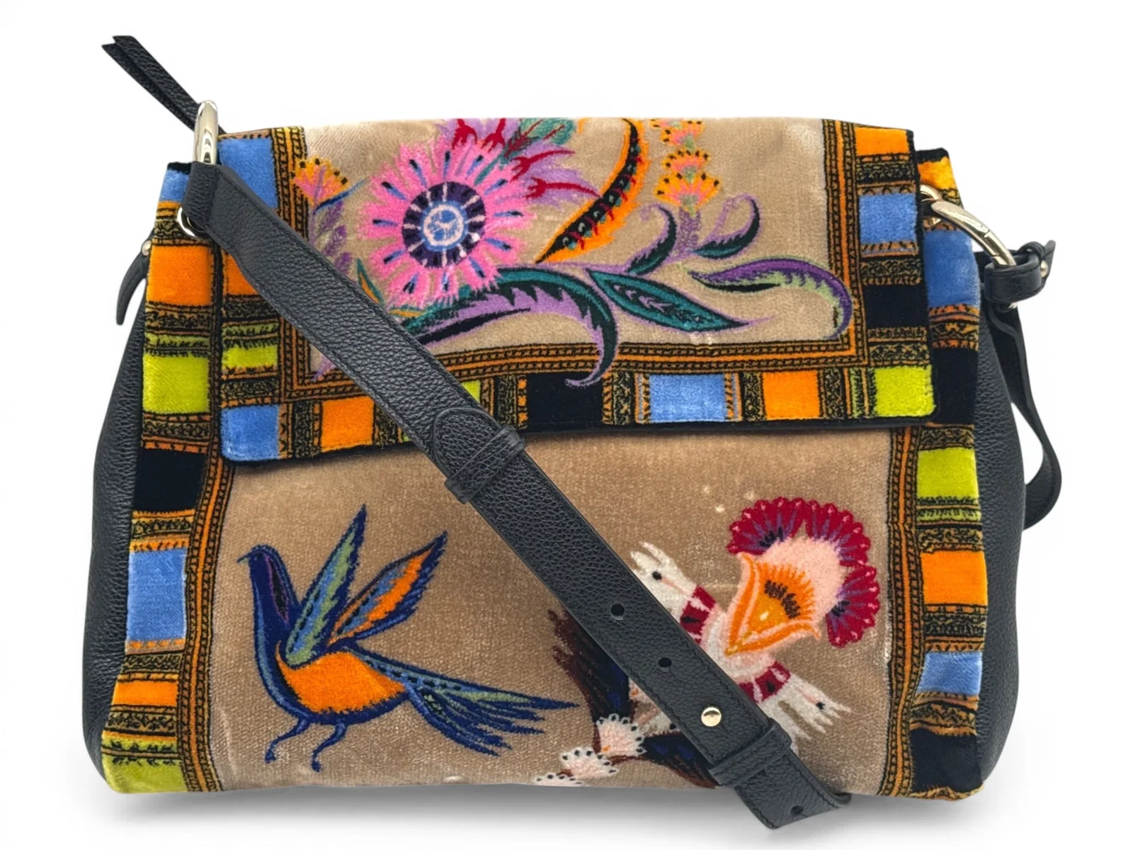 Etro Embroidered Leather and Velvet Shoulder Bag