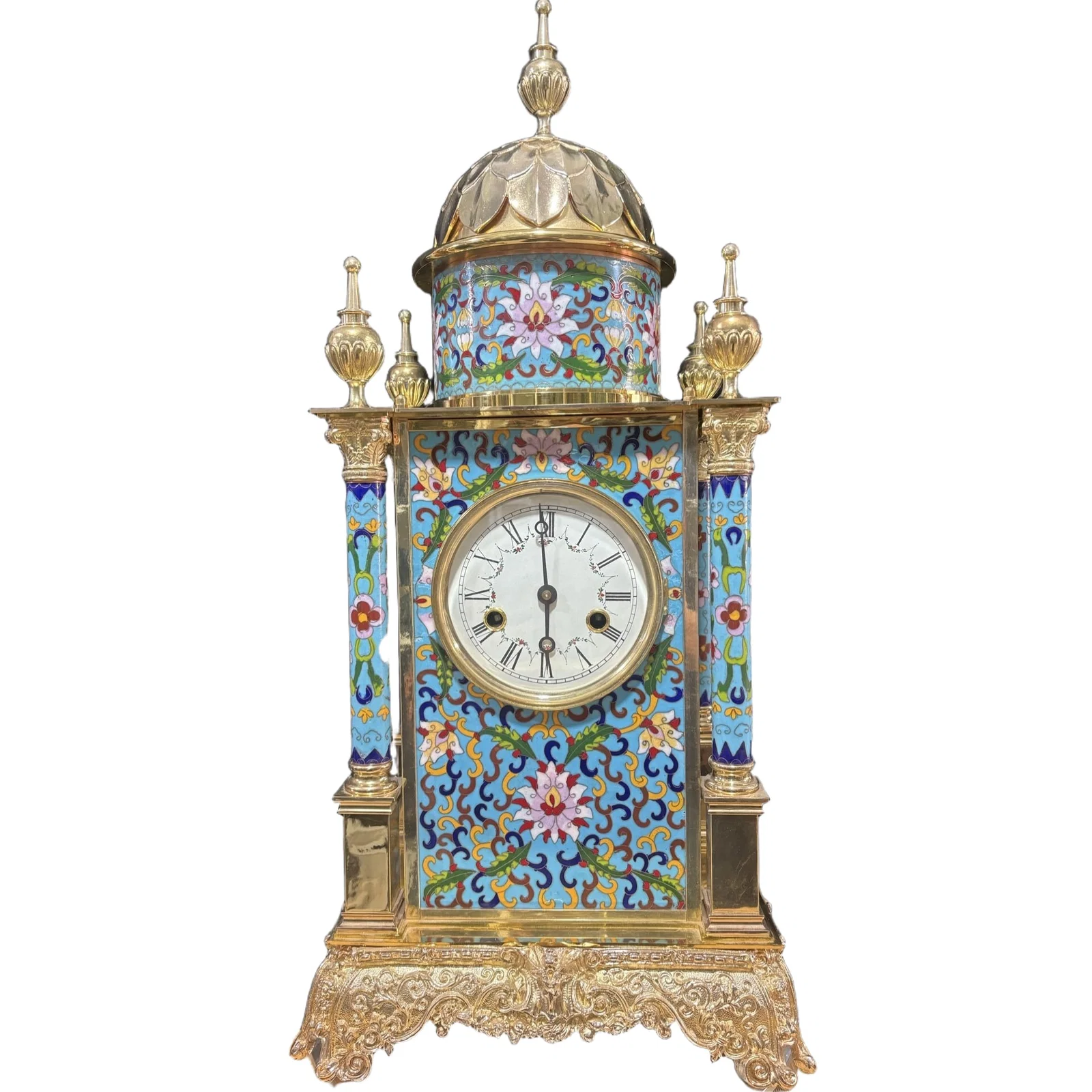 European Gilt Bronze Enamel Castle Clock