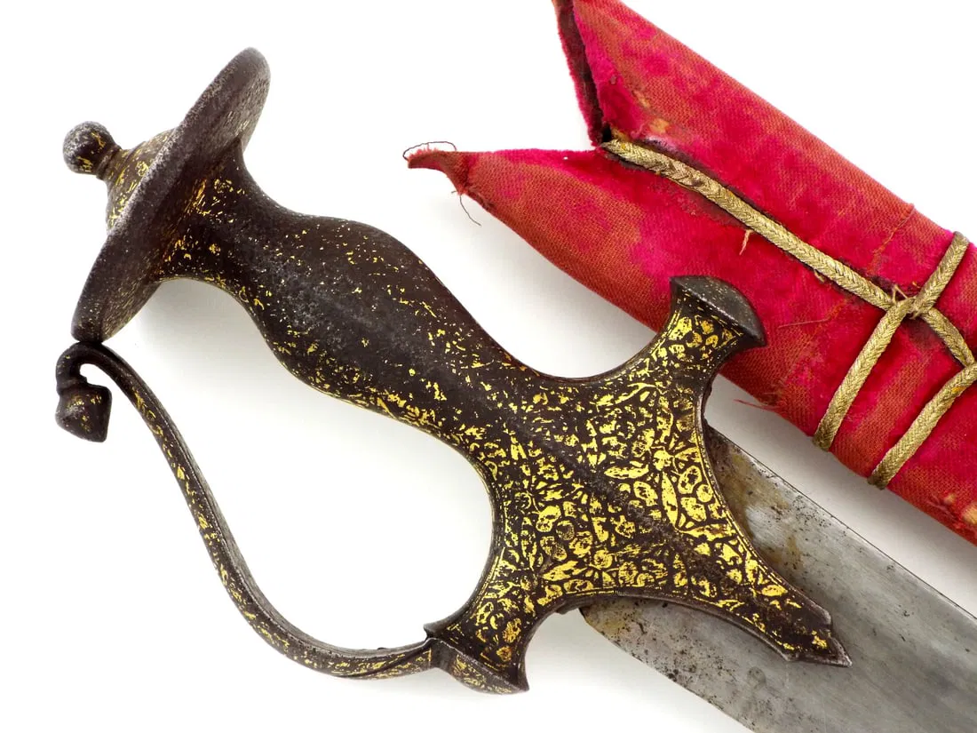 Excellent Antique TALWAR SWORD Fine Gold Koftgari & Red Velvet Scabbard