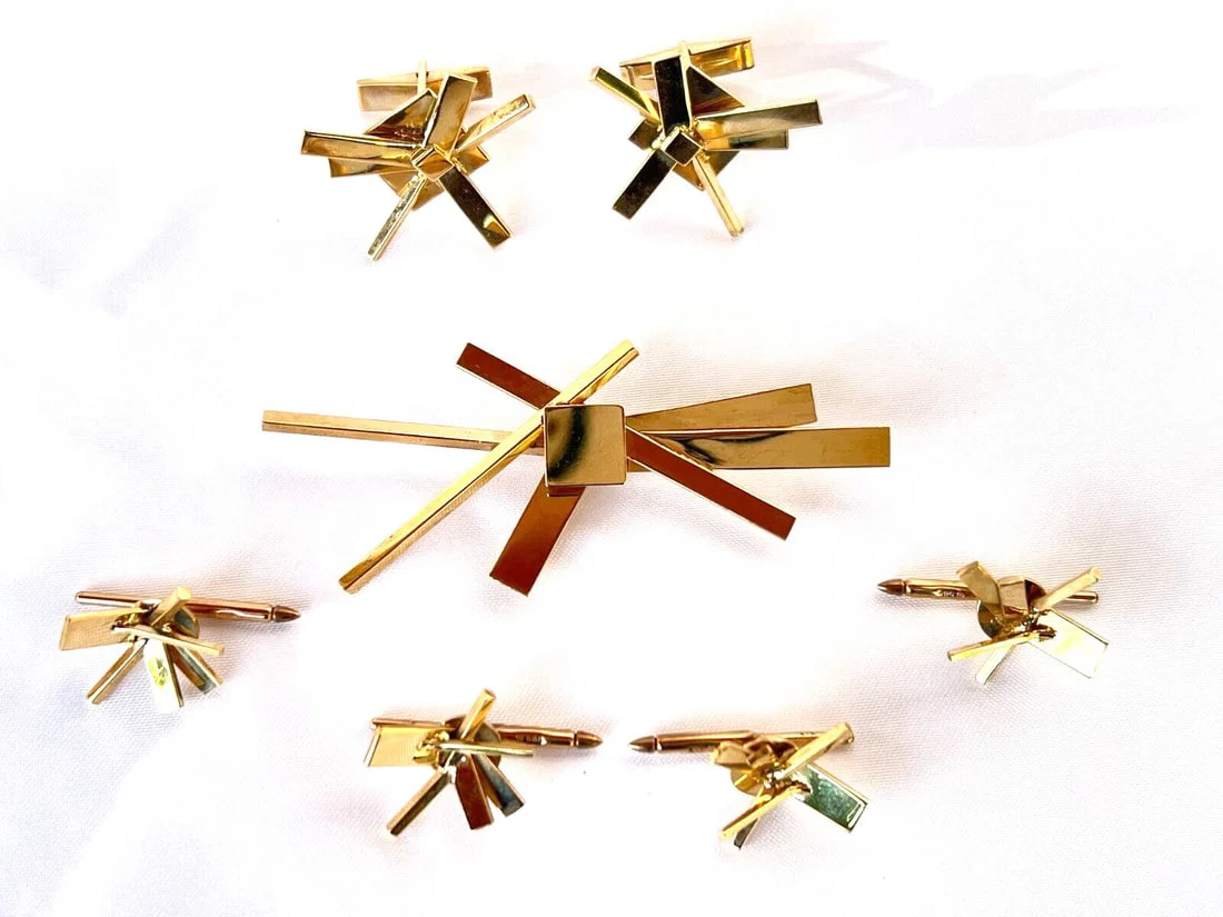 Exquisite 14K Yellow Gold 7-Piece Dress Set Cufflinks Brooch