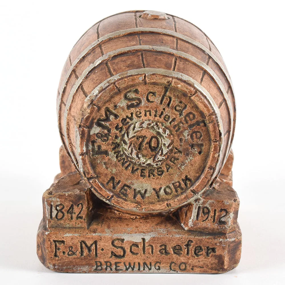 F and M Schaefer Brewing 1912 Commemorative 70th Anniv Chalk Back Bar Barrel Statue