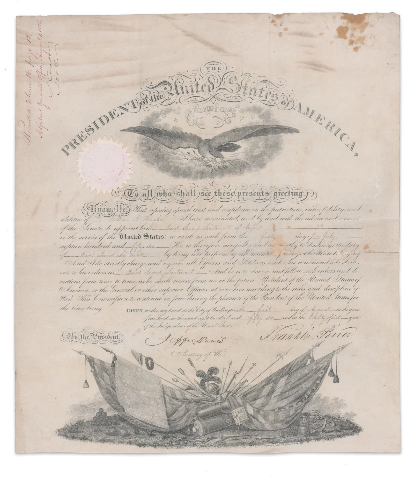 F. Pierce and Jeff Davis Military Appt with Bold Signatures !