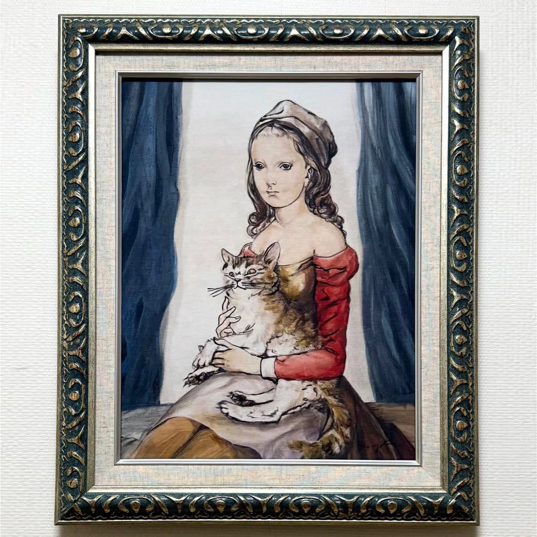 (F6 Size) Fujita Tsuguharu, "Girl Holding a Cat" Original / Oil on Canvas / Double-Sided Signature