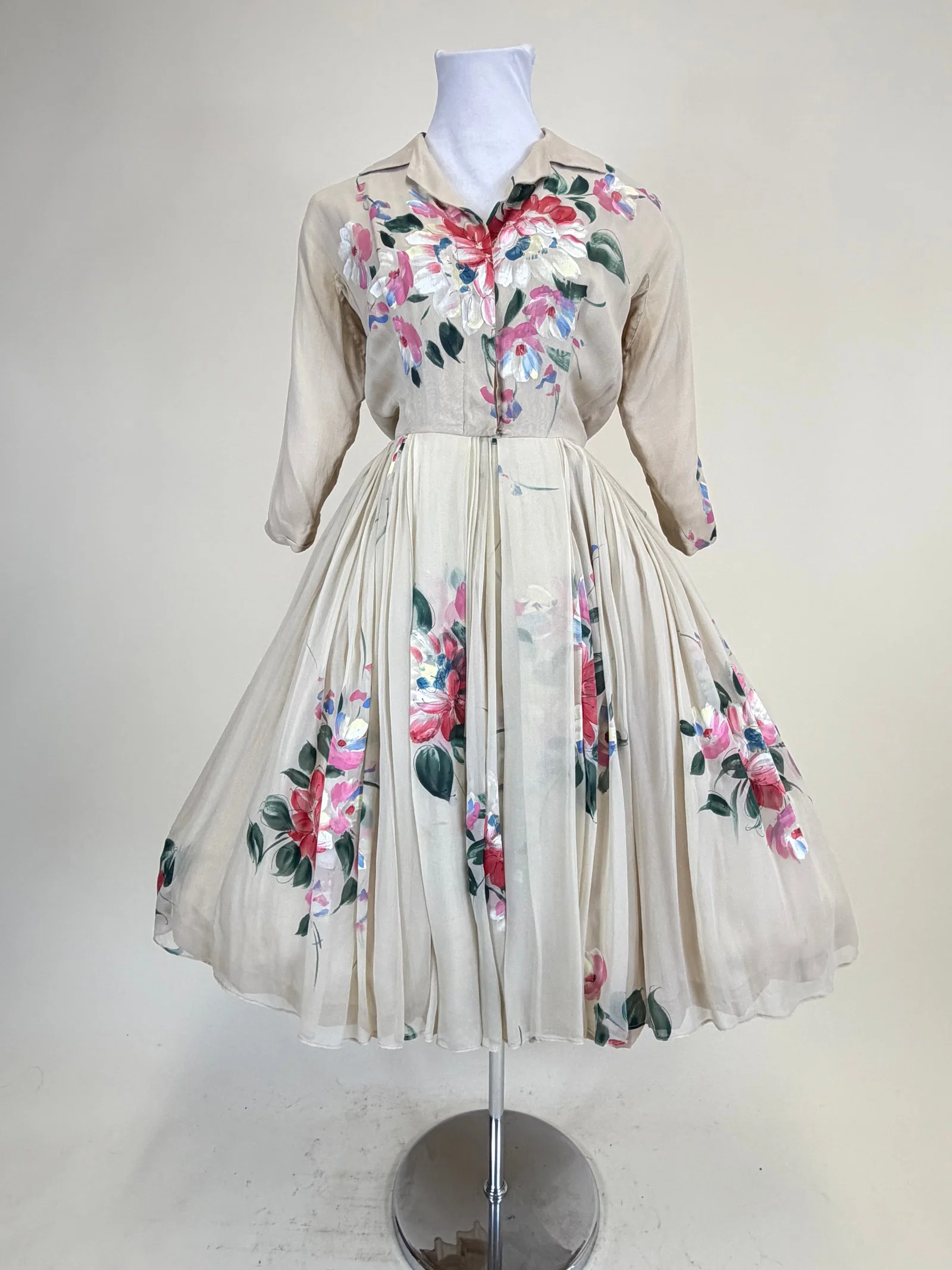 Fabulous Vintage 1950s Hand Painted Silk Chiffon Party Dress