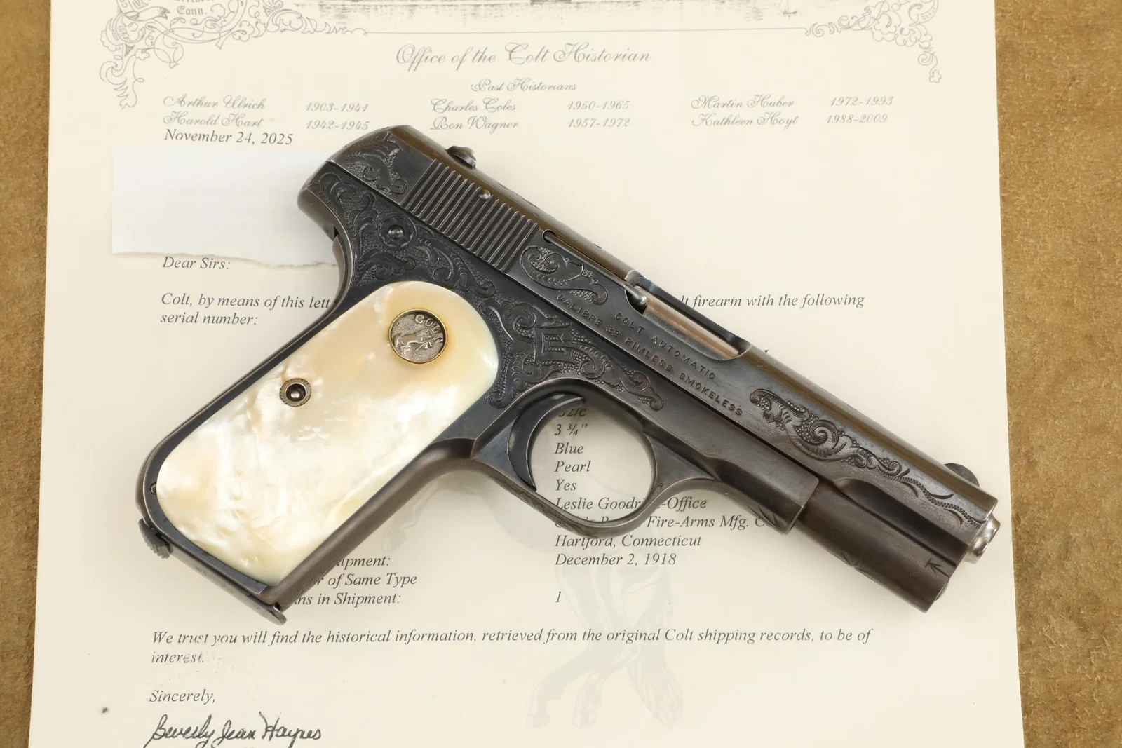 Factory Engraved Leslie Goodrich Colt Model 1903 Pocket Hammerless .32 ACP Pistol, 1918 C&R