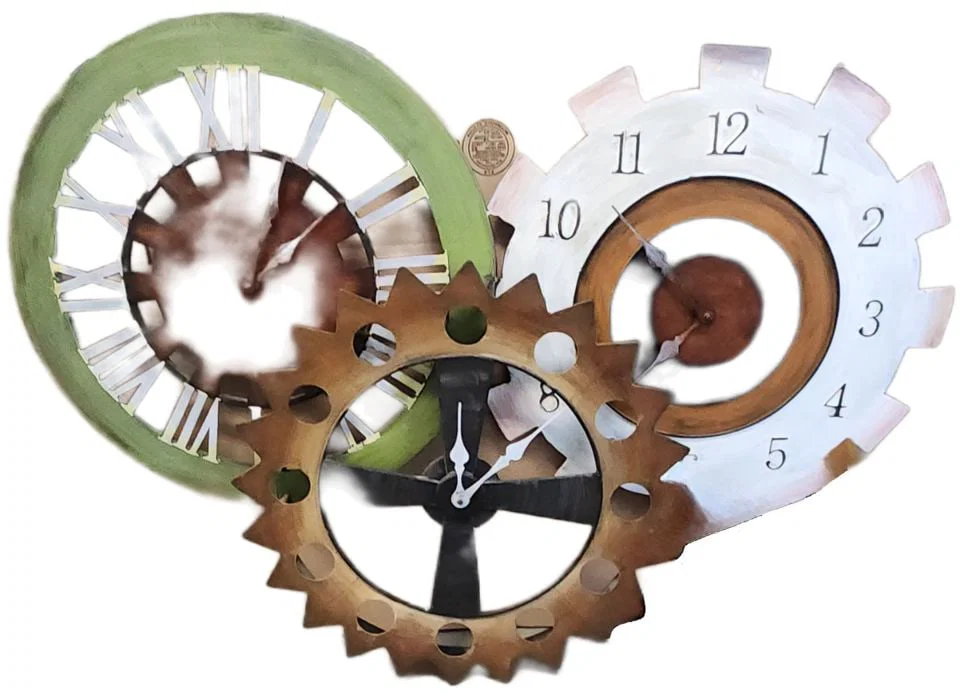 Fantastic vintage working triple clock hand-painted steel wall sculpture. 40" x 30"