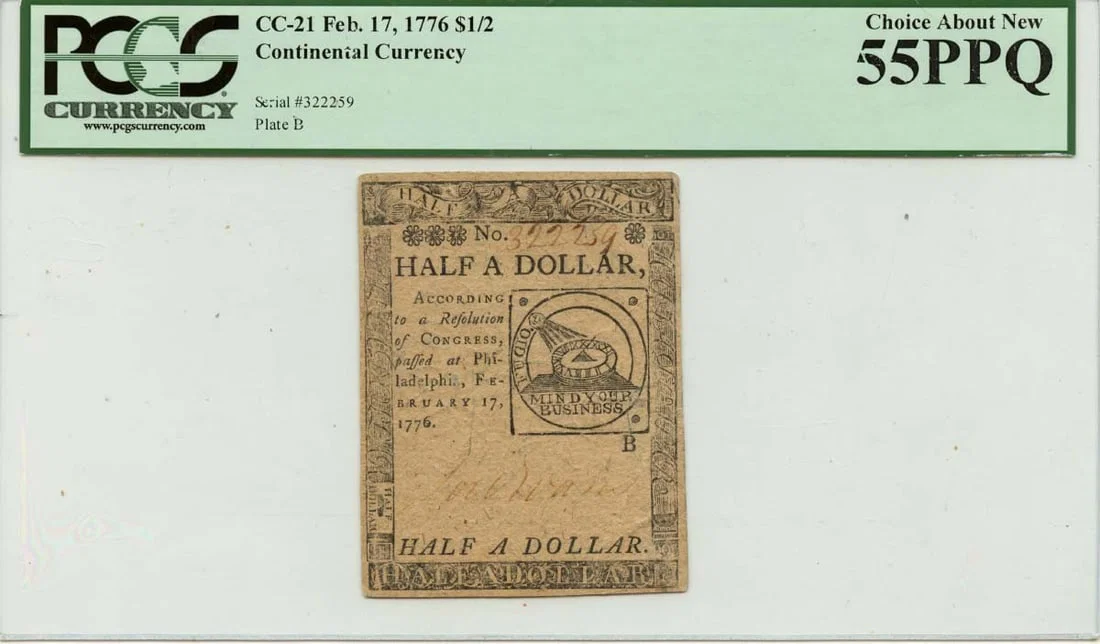 February 17 1776 Half Dollar Continental Currency PCGS AU55 PPQ