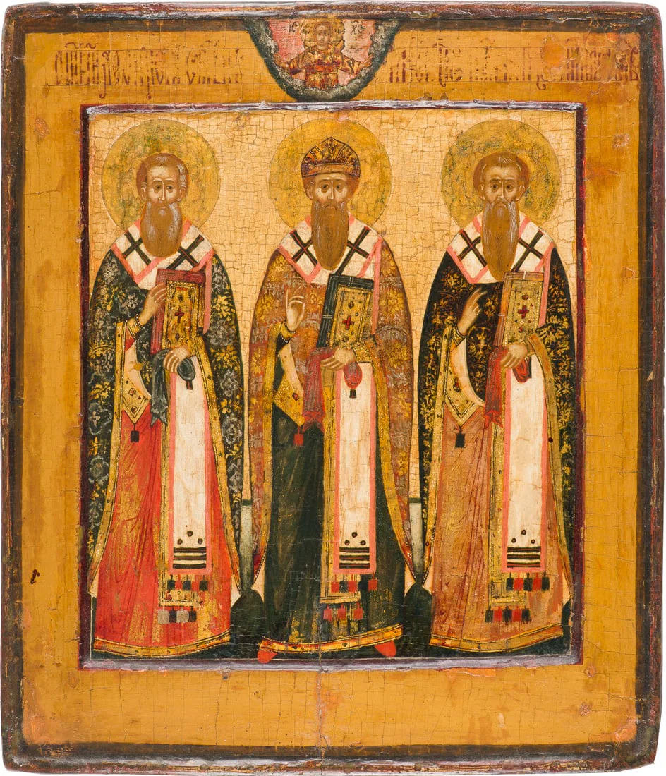 | FEINE IKONE MIT DEN DREI HEILIGEN HIERARCHEN BASILIOS DEM GROSSEN, GREGORIOS DEM THEOLOGEN UND