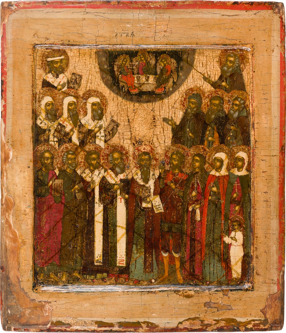 | FEINE PATRONATSIKONE MIT DER ALTTESTAMENTLICHEN DREIFALTIGKEIT UND FAMILIENHEILIGEN EINES MOSKAUER