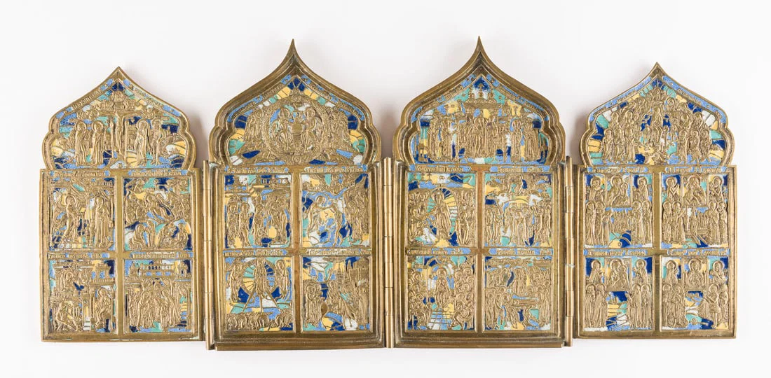 | FEINES BRONZE-TETRAPTYCHON MIT HOCHFESTEN DES ORTHODOXEN KIRCHENJAHRES