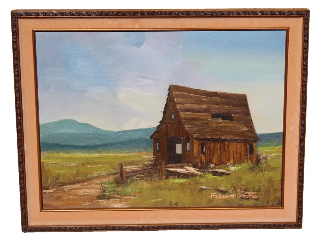 FELICE HROVAT Barn in a Landscape with Blue Mountains oil painting