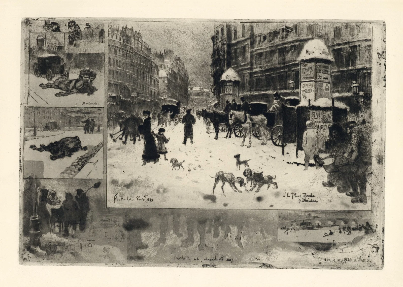Felix Buhot "L’Hiver a Paris" original etching