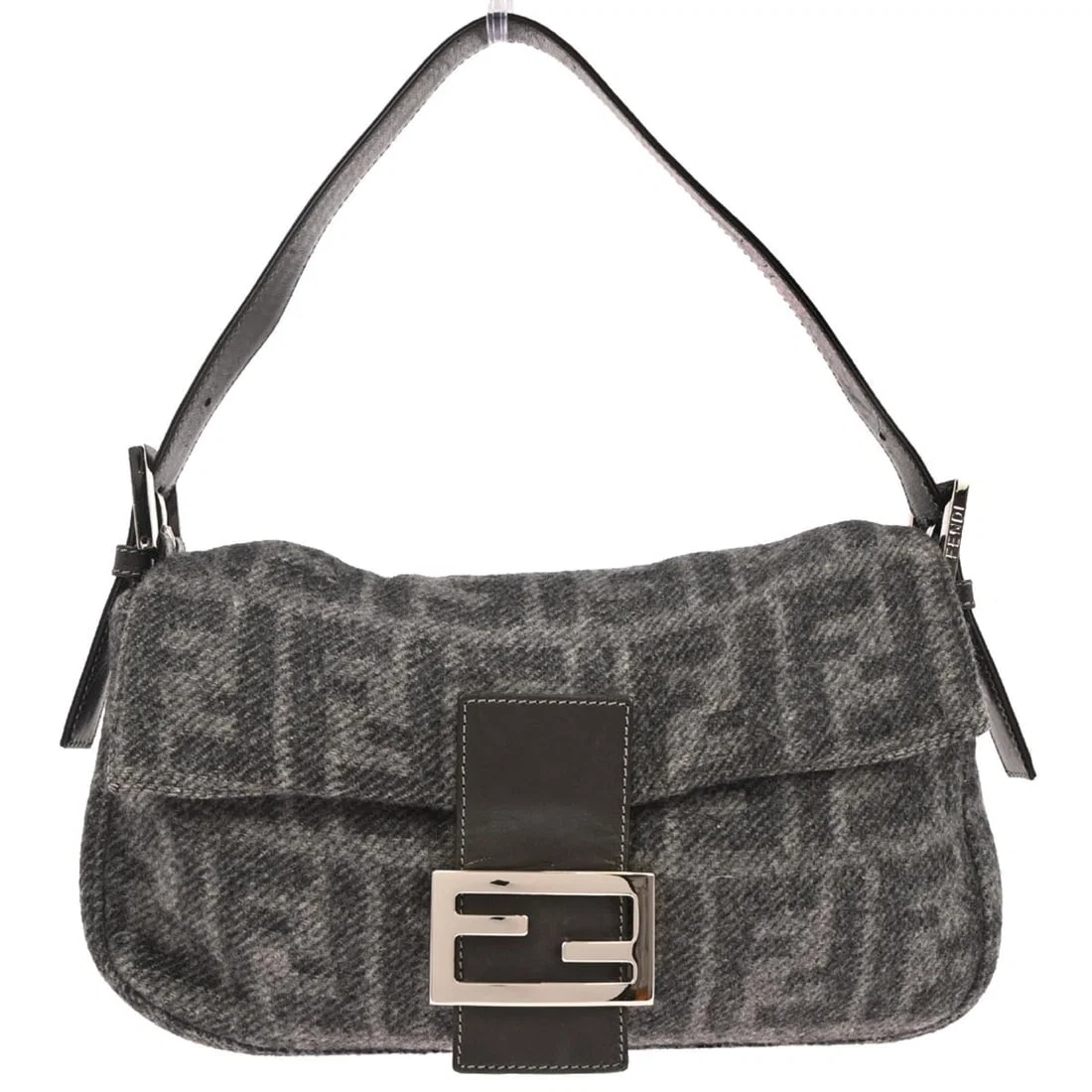 Fendi Baguette Gray Wool Shoulder Bag with Silver Hardware