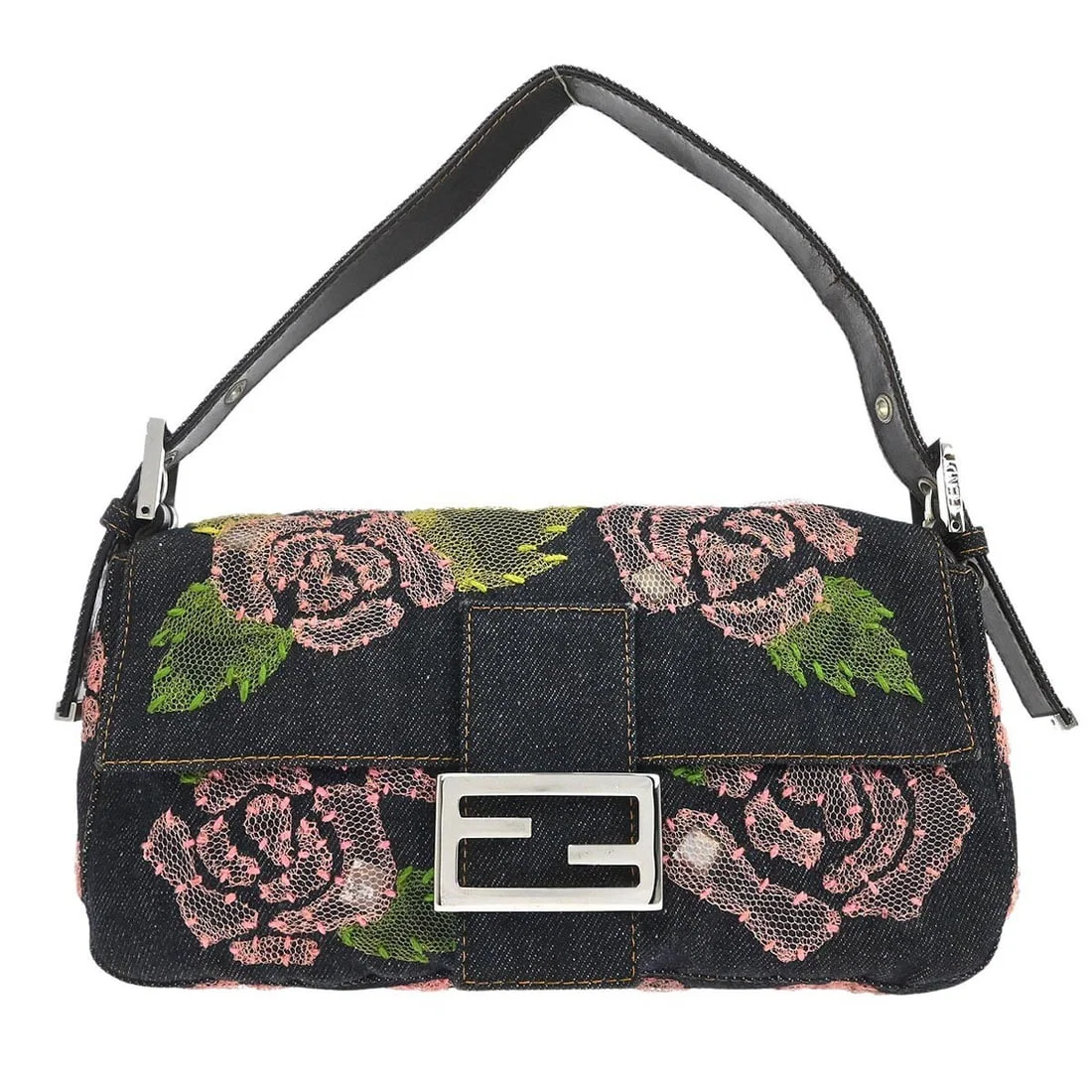 Fendi Baguette Navy Denim Handbag with Floral Accent and Silver Hardware