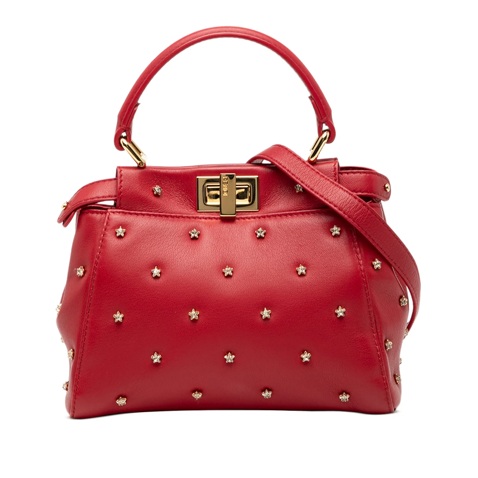 Fendi XS Crystal Star Studded Peekaboo Iconic Satchel Red Leather