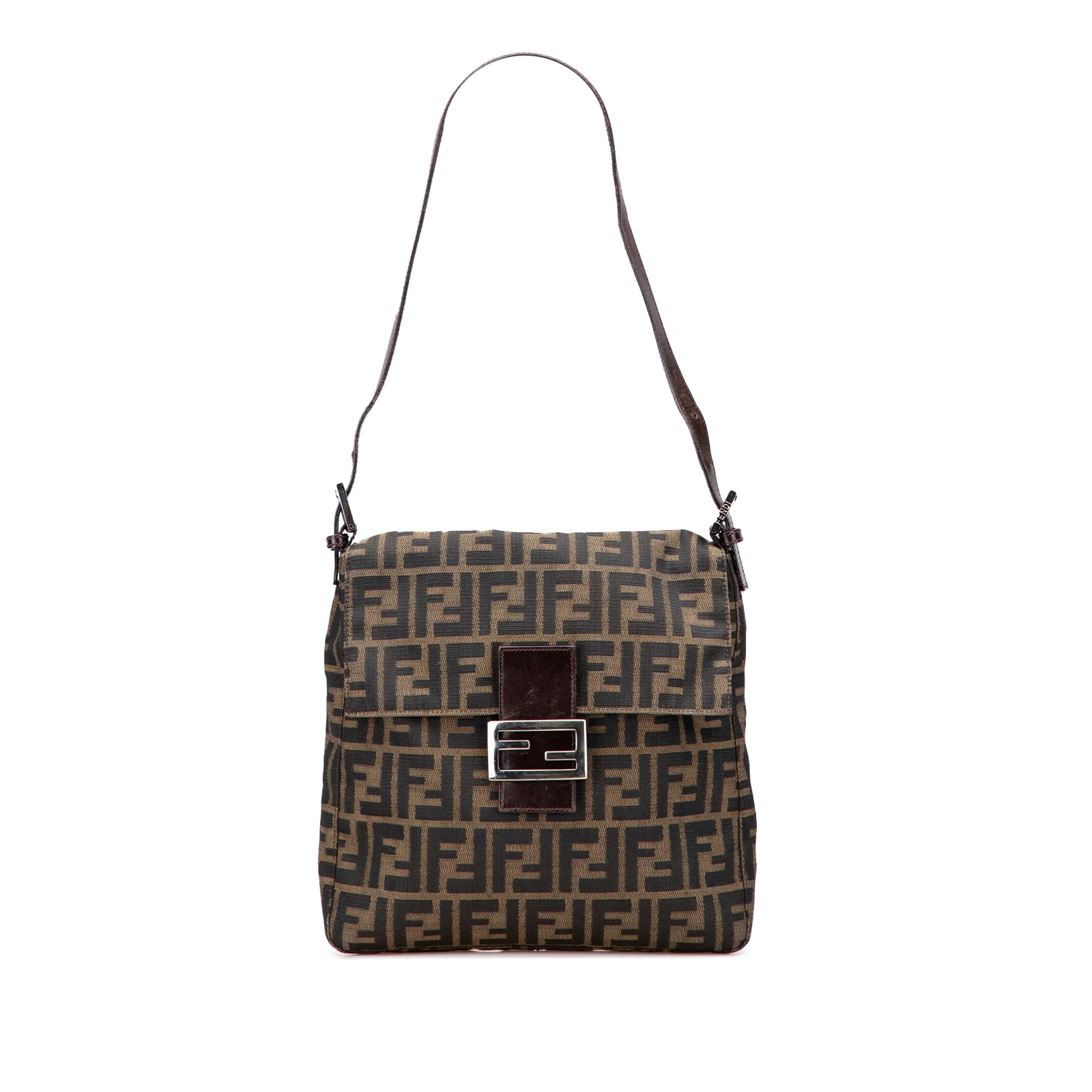 Fendi Zucca Brown Canvas Shoulder Bag with Leather Strap