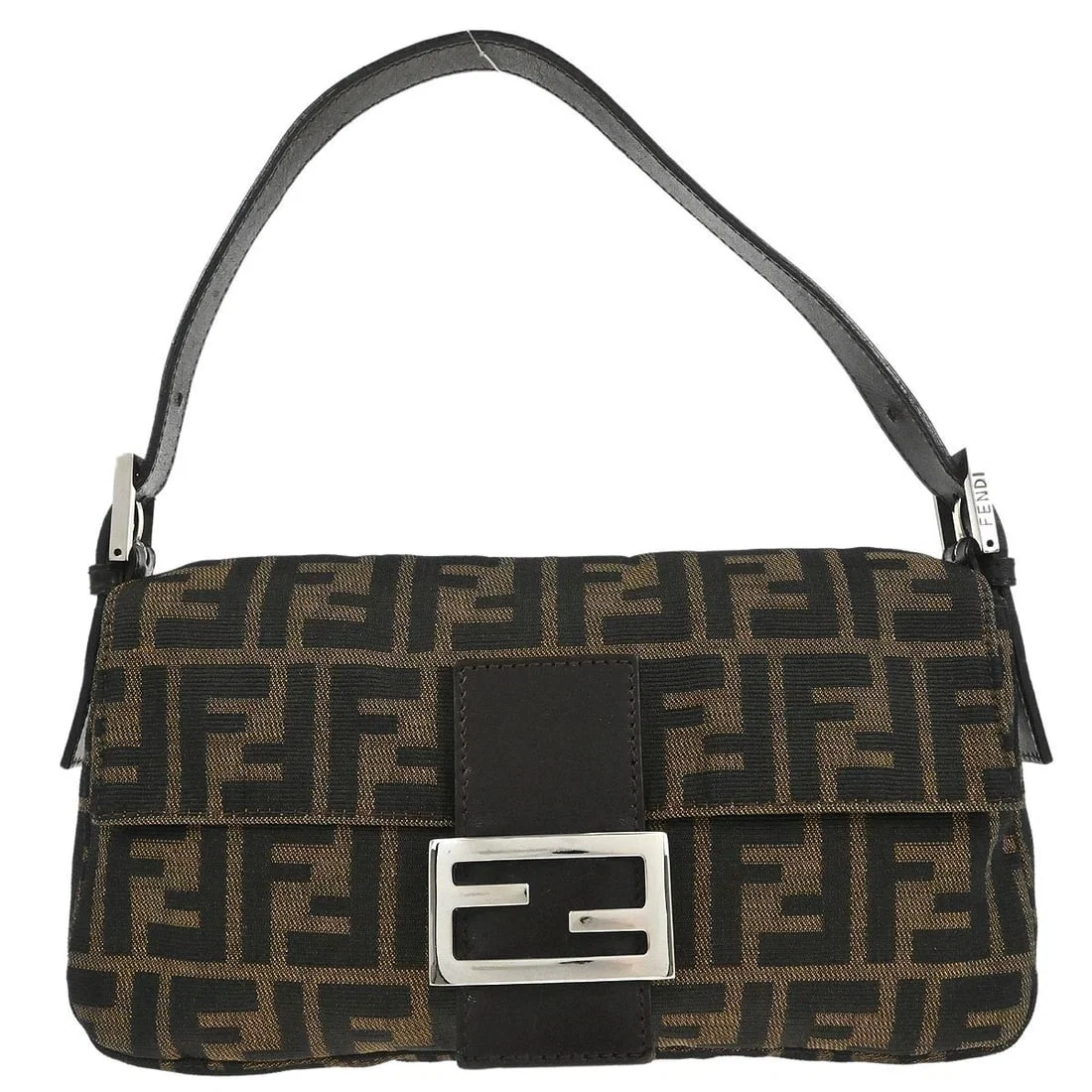Fendi Zucca Brown Canvas Shoulder Baguette Bag with Silver Hardware