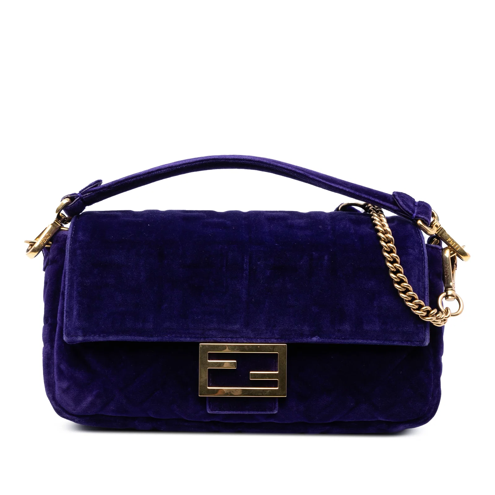 Fendi Zucca Velvet Baguette Satchel Purple Fabric Italy