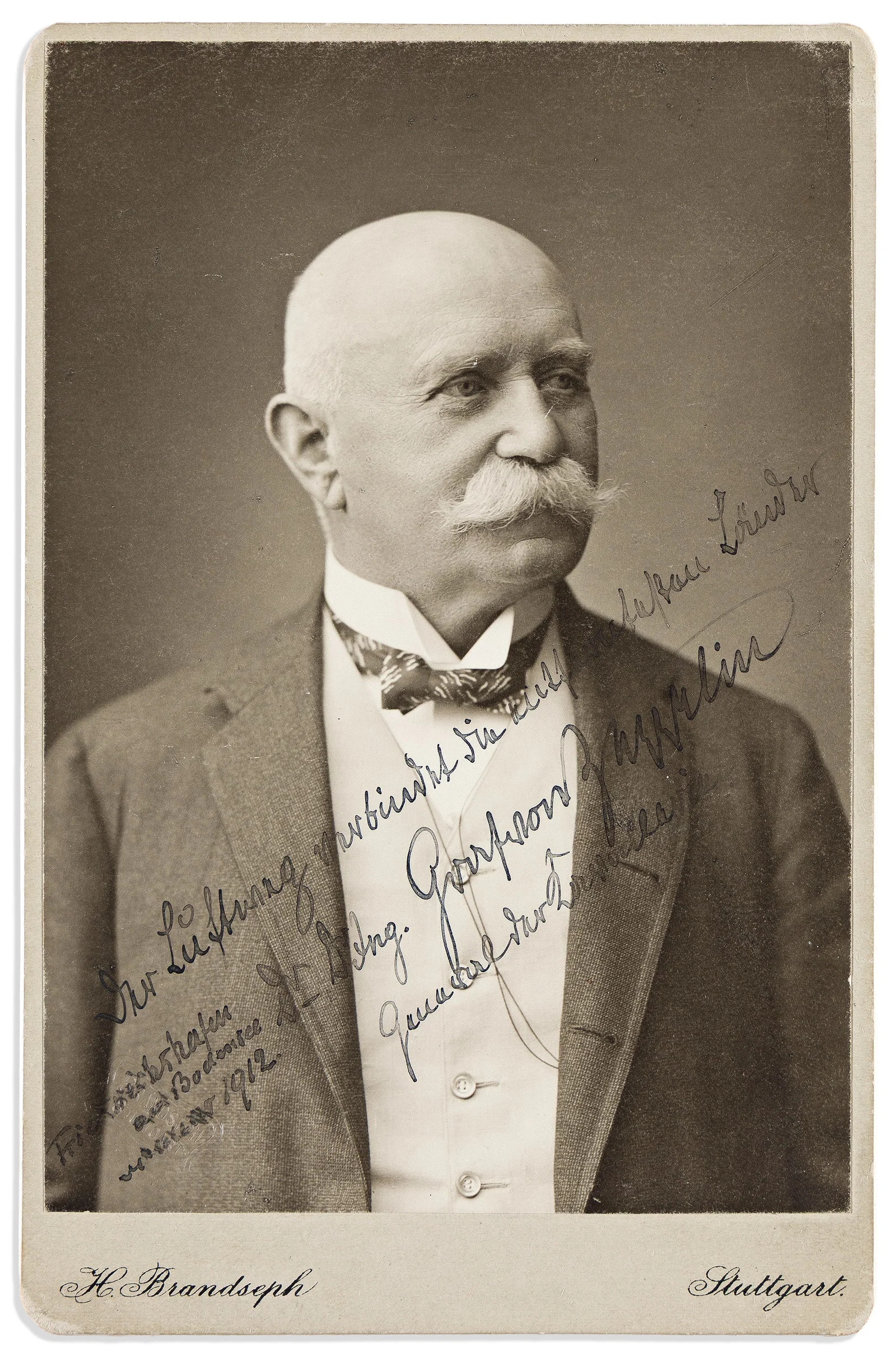 Ferdinand von Zeppelin. Photograph Signed and Inscribed, "The air route connects the most distant