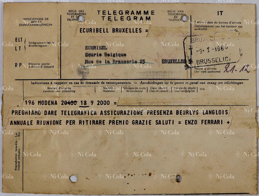 Ferrari Telegram from Enzo Ferrari to the Ecurie Francorcha