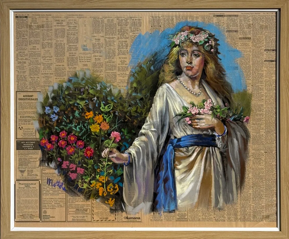 Filastro Mottola (European Woman & Floral) Signed Original Pastel on Newspaper