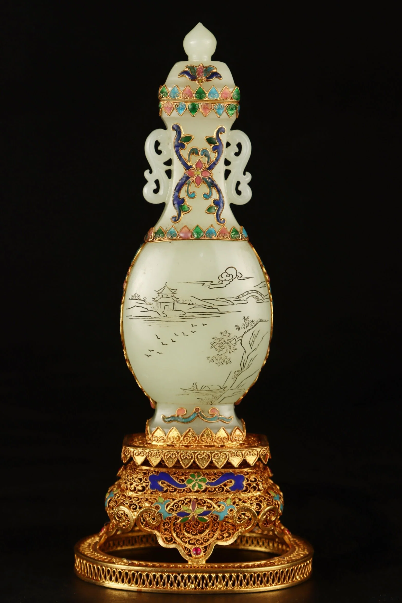 Filigree Gilt Jade-Inlaid Landscape Pattern Vase