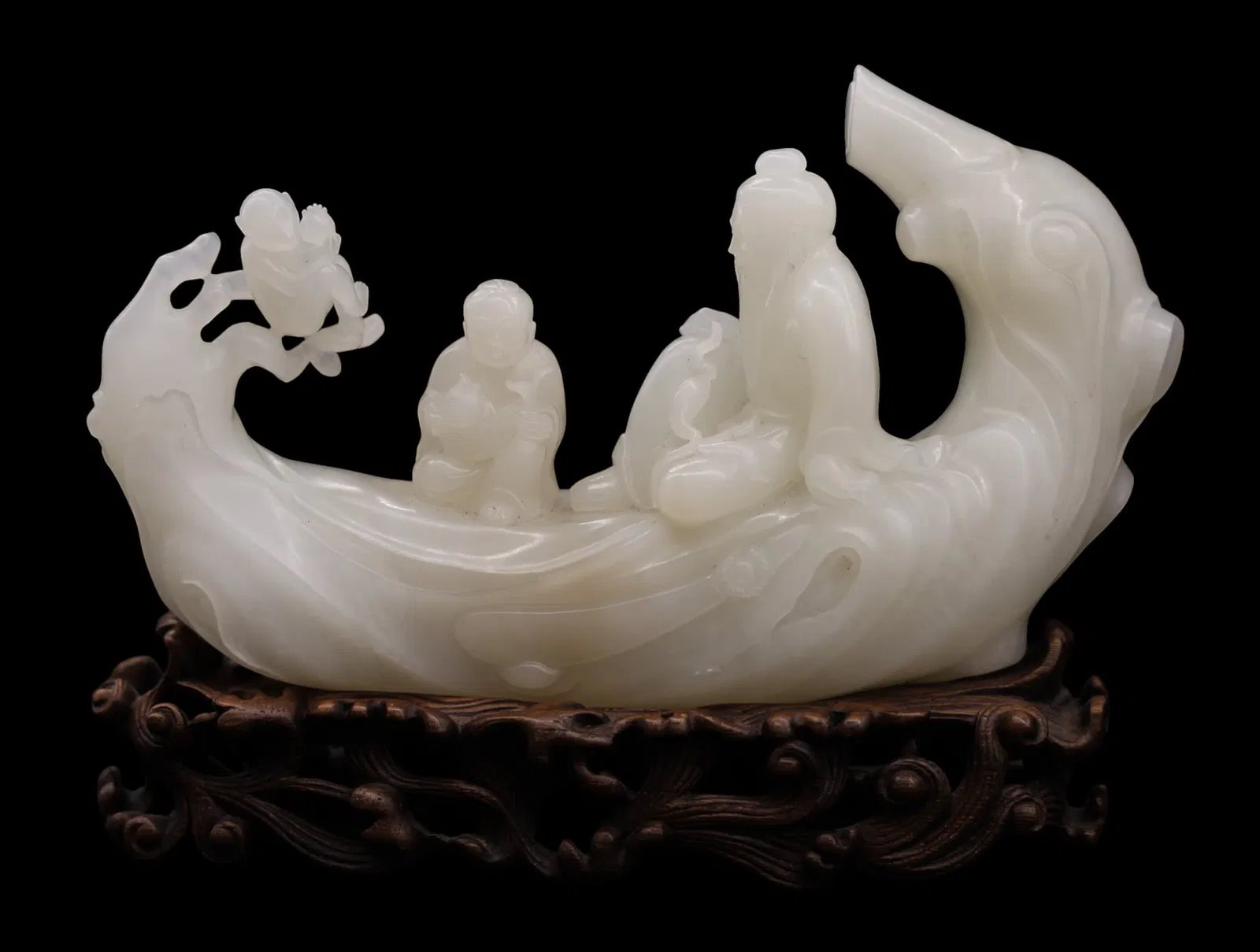Fine Chinese White Jade Figure Group Carving on Stand