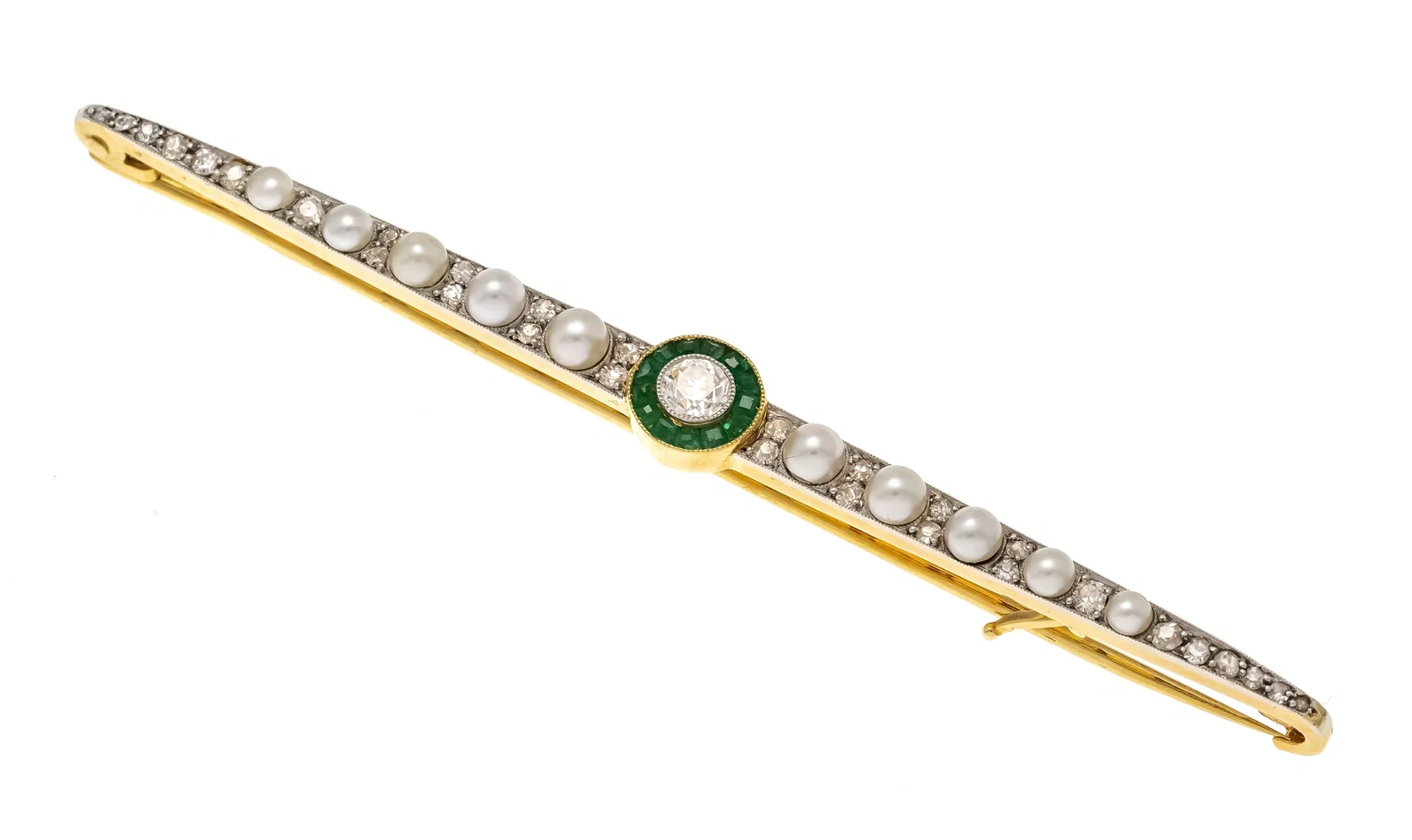 FINE EDWARDIAN EMERALD PEARL AND DIAMOND BROOCH