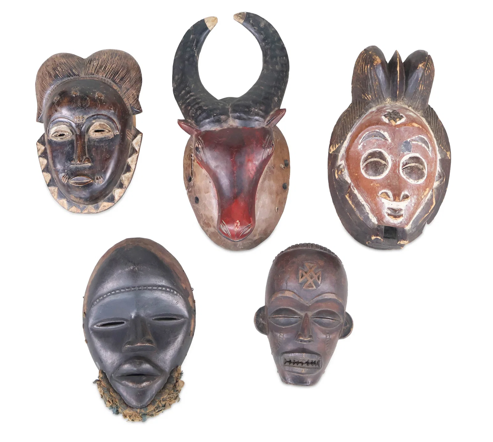 Five African Painted and Carved Wood Tribal Masks