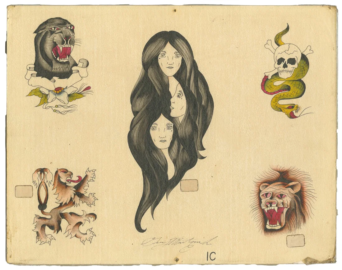 Five Ink and Watercolor Flash Designs, ca. Early to Mid 20th Century