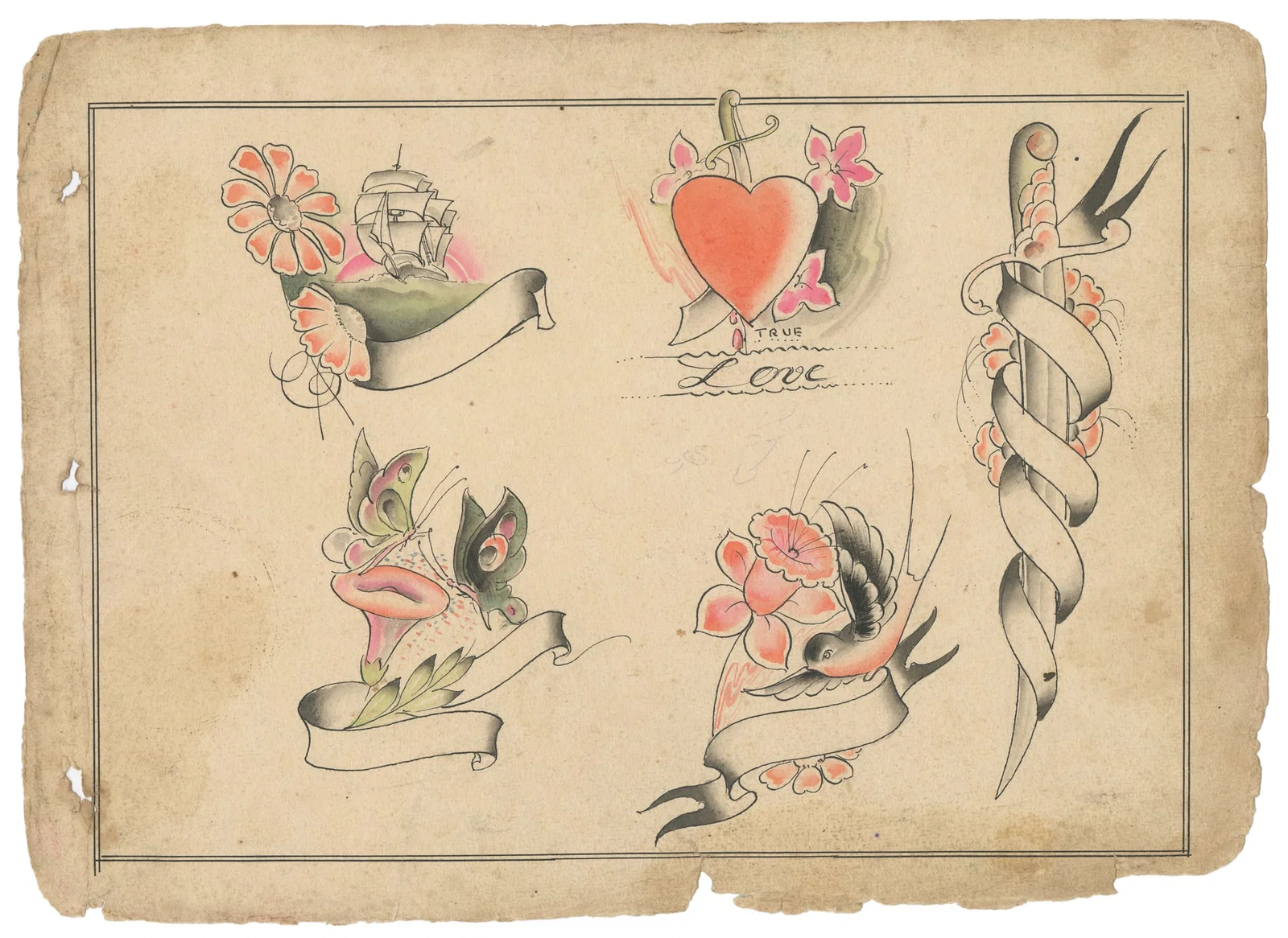 Five Ink and Watercolor Flash Designs. UK. ca. 1930-1940s