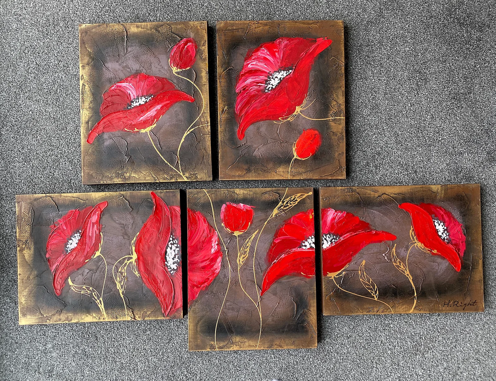 Five Piece Acrylic Painting of Poppies On Canvas