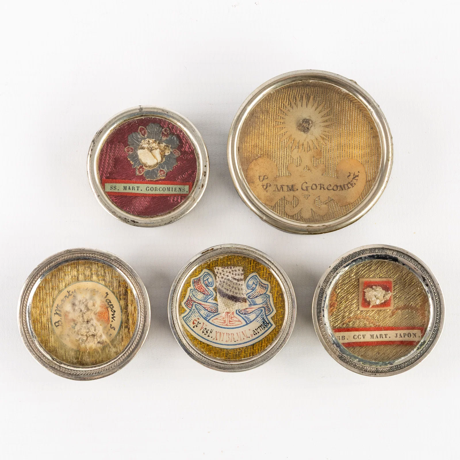 Five sealed theca with relics of Great Martyrdoms, Gorcum, Japan and The 16 Blessed Martyrs of