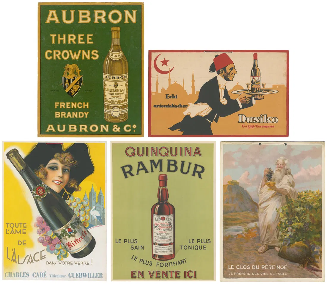 Five wine and liquor advertising posters or cartones.