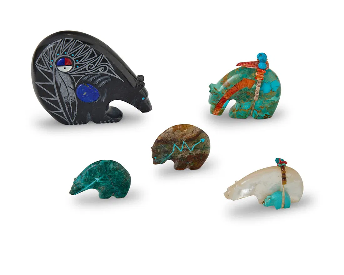 Five Zuni carved stone fetish medicine bears