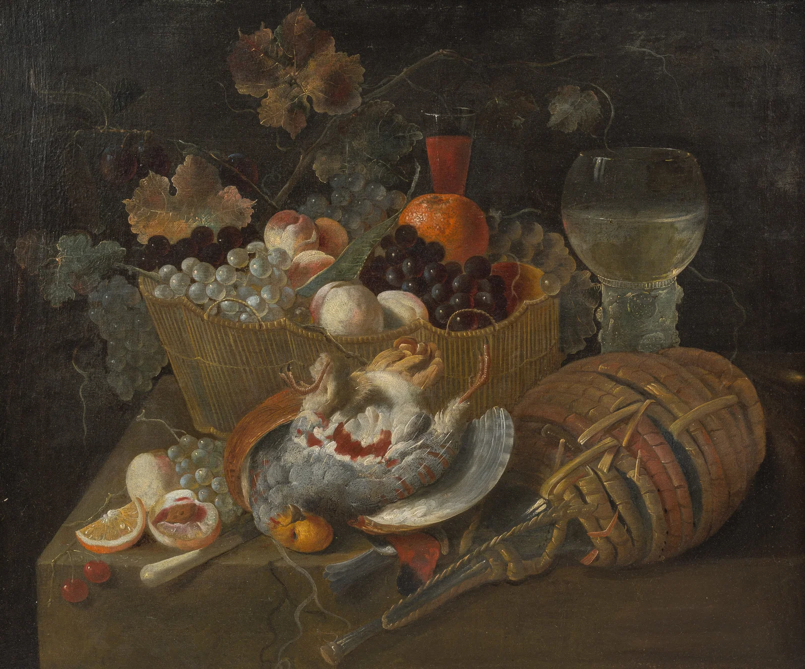 Flemish school: Still life with grapes, a rummer and a glass bottle, oil on canvas, 17th C.
