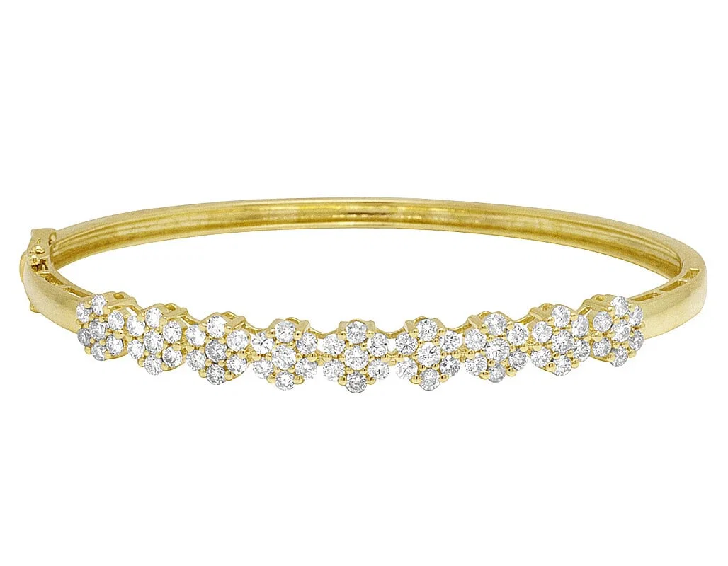 FLOWER CLUSTER REAL DIAMOND BANGLE BRACELET 14K YELLOW GOLD
