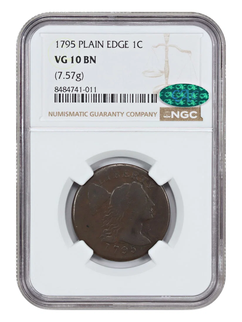 Flowing Hair Large Cent 1795 NGC CAC VG10 Plain Edge 1C Copper Coin