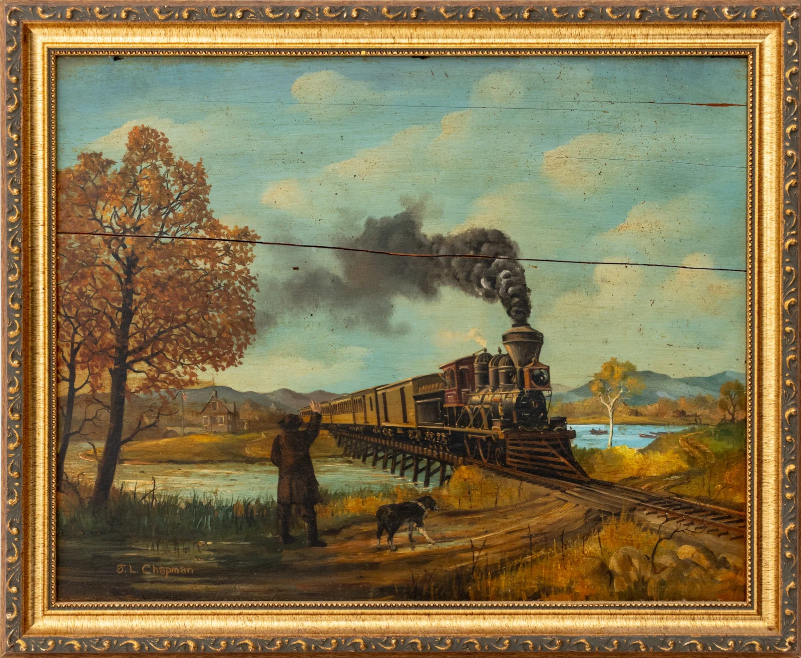 Folk Art J.L. Chapman Railway Scene Oil on Panel