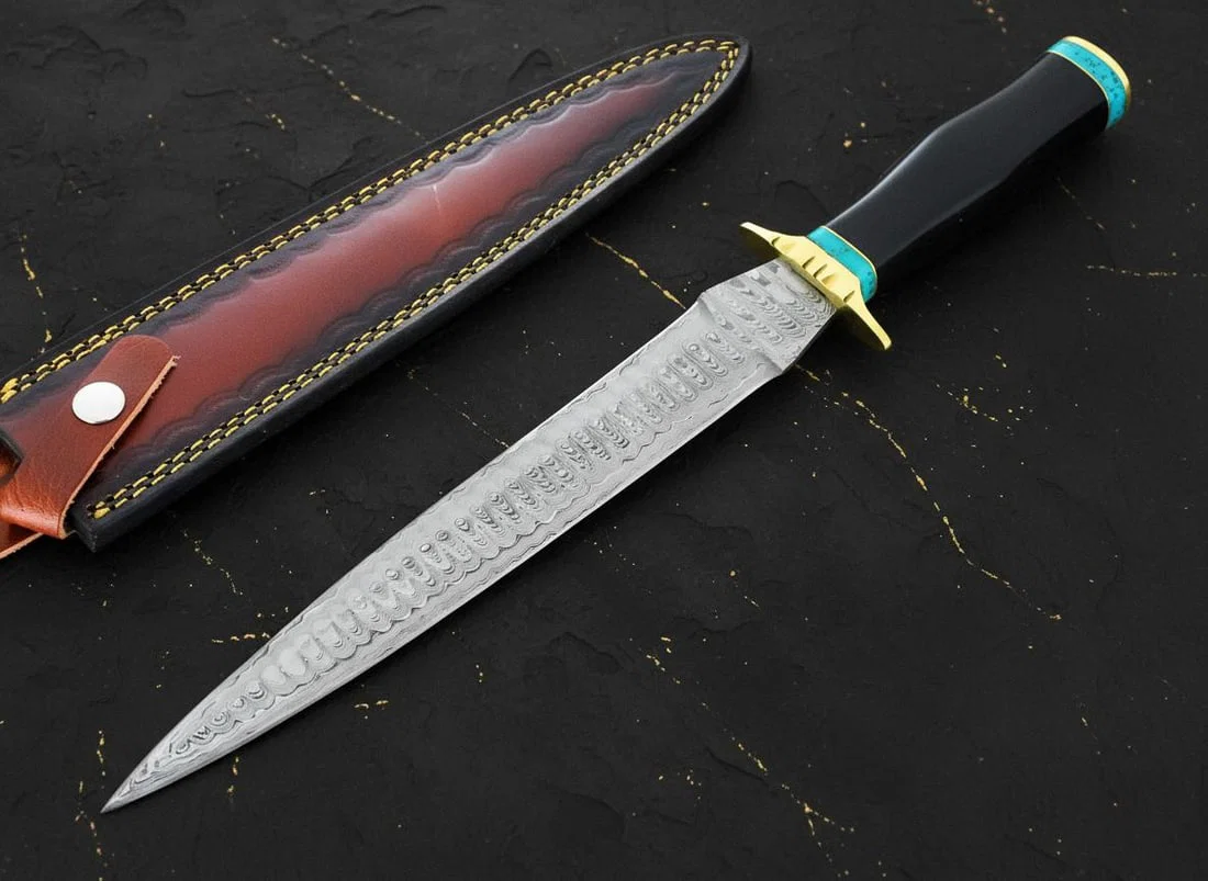 Forged Damascus Steel Bowie Hunting Dagger, 15 Inch Custom Knife with Resin Handle